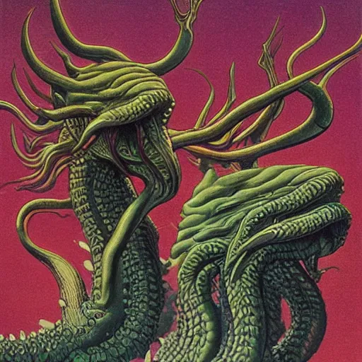 Image similar to hydra, highly detailed, artstation, in the style of moebius, art by rene magritte and jean delville