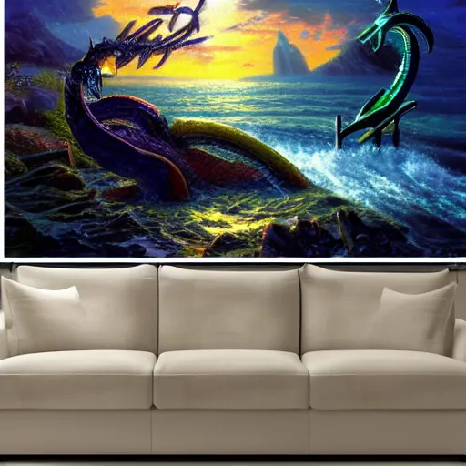 Prompt: Rayquaza emerging from the sea by Thomas Kinkade dramatic lighting, water spray, glistening