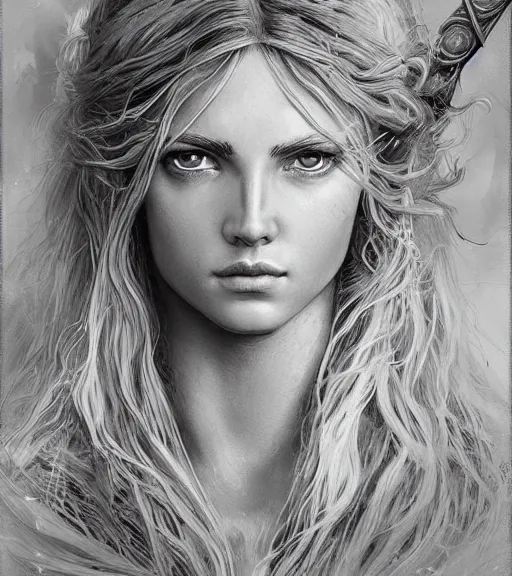 Image similar to beautiful aphrodite goddess as an archer warrior, beautiful piercing eyes, flowing blonde hair, realistic face, black and white drawing, in the style of greg rutkowski, fantasy, amazing detail, epic, intricate, elegant, smooth, sharp focus