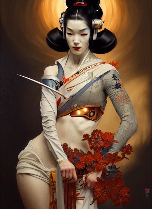 Image similar to cyborg geisha, diffuse lighting, fantasy, intricate, elegant, highly detailed, lifelike, photorealistic, digital painting, artstation, illustration, concept art, smooth, sharp focus, art by John Collier and Albert Aublet and Krenz Cushart and Artem Demura and Alphonse Mucha