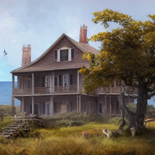 Prompt: colonial house on the shore of Lake Huron, felix Kelly, artstation, Matte painting