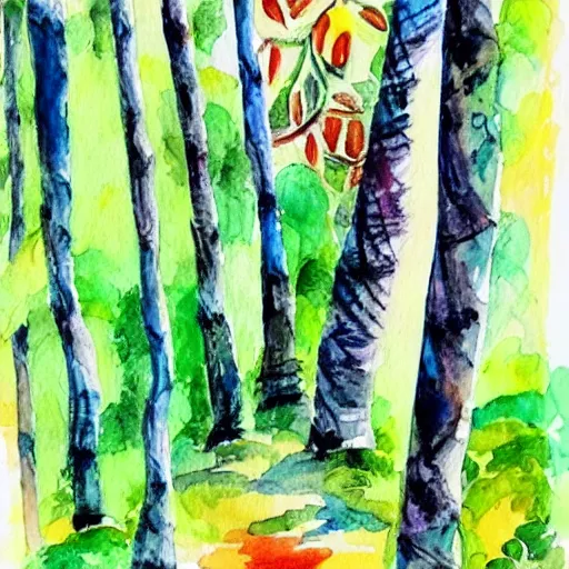 Prompt: a colorful rainforest, watercolors and ink, ,