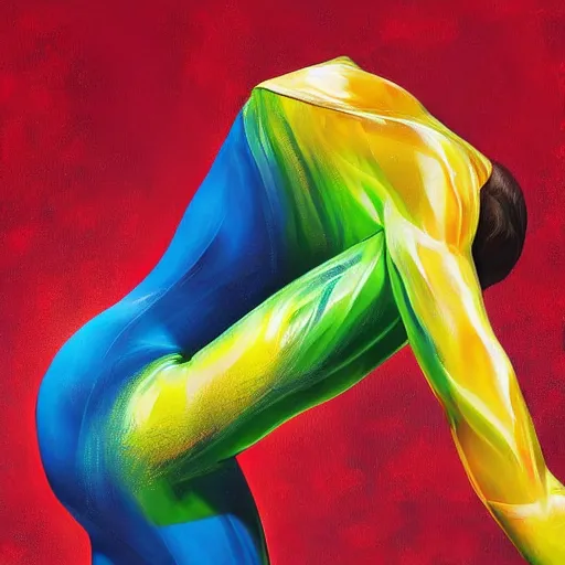 Prompt: beautiful gymnast on fluid masses of oil paint, bright colours, hyperrealistic, digital art