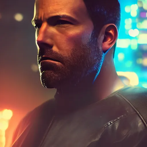 Prompt: ben affleck portrait, cyberpunk 2 0 7 7, cyberpunk, photorealistic, ultra detailed, neon, octane, bokeh, cinematic lighting, cyber, cyberpunk city, studio quality, feature, scars, cyberface, 8 k