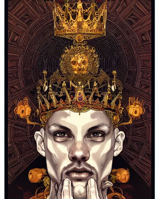 Image similar to symmetrical, centered, young and handsome god close - up portrait wigh crown made of skulls. artwork by tooth wu and wlop and alena aenami and alphonse mucha, brian froud, pablo amaringo