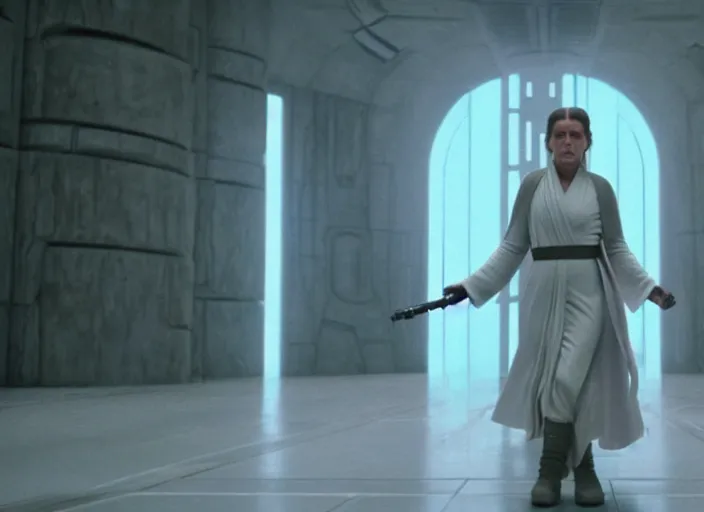 Image similar to Leia using the force at Jedi Temple scene from the last jedi, 2022, film by Stanley Kubrick, serene, iconic scene, stunning cinematography, hyper detailed, sharp, anamorphic lenses, kodak color film, 4k