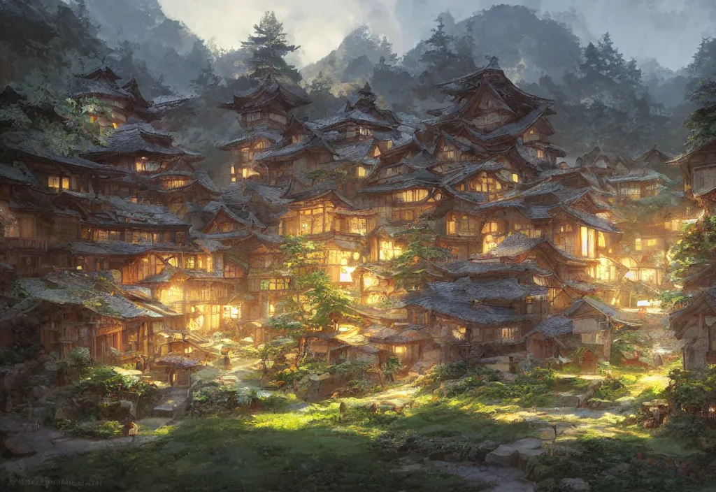 Image similar to concept art painting of a cozy village in a mountainous fantasy forested valley, historic european and japanese architecture, realistic, detailed, cel shaded, in the style of makoto shinkai and greg rutkowski and james gurney