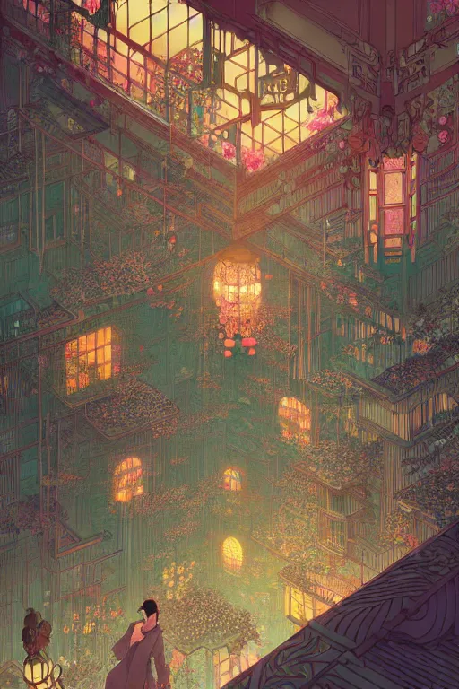 Image similar to a beautiful hyperdetailed matte illustration victo ngai cyberpunk style of absolutely beautiful blooming flower house, from china, perfectly shaded, atmospheric lighting, style of studio ghibli, makoto shinkai, raphael lacoste, louis comfort tiffany, artgerm, james jean, ross tran, chinese style