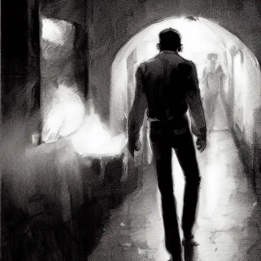 Image similar to a beautiful artwork of a man in jeans and white shirt entering a nightclub, by Jerome Opeña, smoky noir atmosphere theme featured on artstation