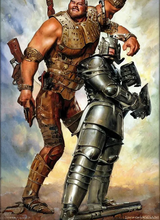 Image similar to full body and head portrait of Hafþór Júlíus Björnsson in science fiction combat armour battling tiny soldiers, dynamic action, painted by norman rockwell and phil hale and greg staples and tom lovell and frank schoonover and jack kirby