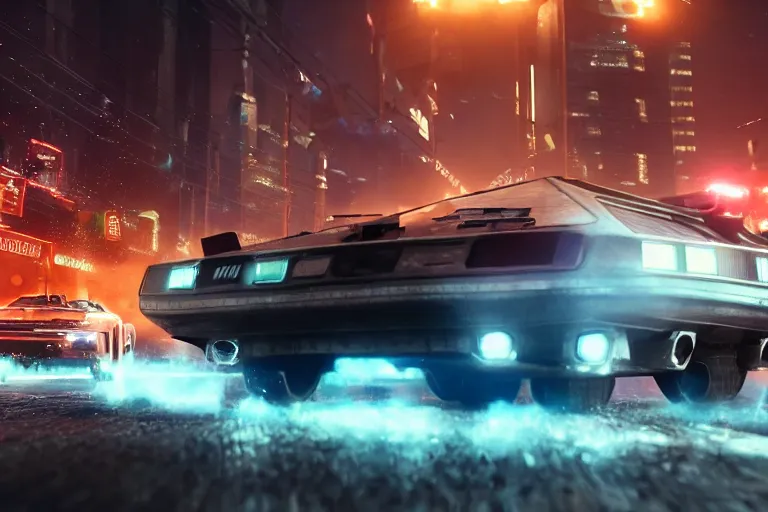 Image similar to photo of the back to the future combat delorean being chased by police on wet cyberpunk city streets at night, rocket league tank, mad max, action, speed, volumetric lighting, hdr, gta 5, makoto shinkai, syd mead, craig mullins, cinematic, fast and furious, octane, 8 k, iso 1 0 0, 1 2 mm