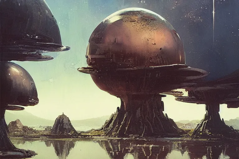 Prompt: 5 0 s pulp scifi illustration, spaceship lands in beautiful landscape, plain stretching into distance, pond, baobab trees, distant mountains, painted by john berkey, bergey, craig mullins, ruan jia, raymond swanland, jeremy mann, beksinski, jack kirby, tom lovell, alex malveda, schomburg