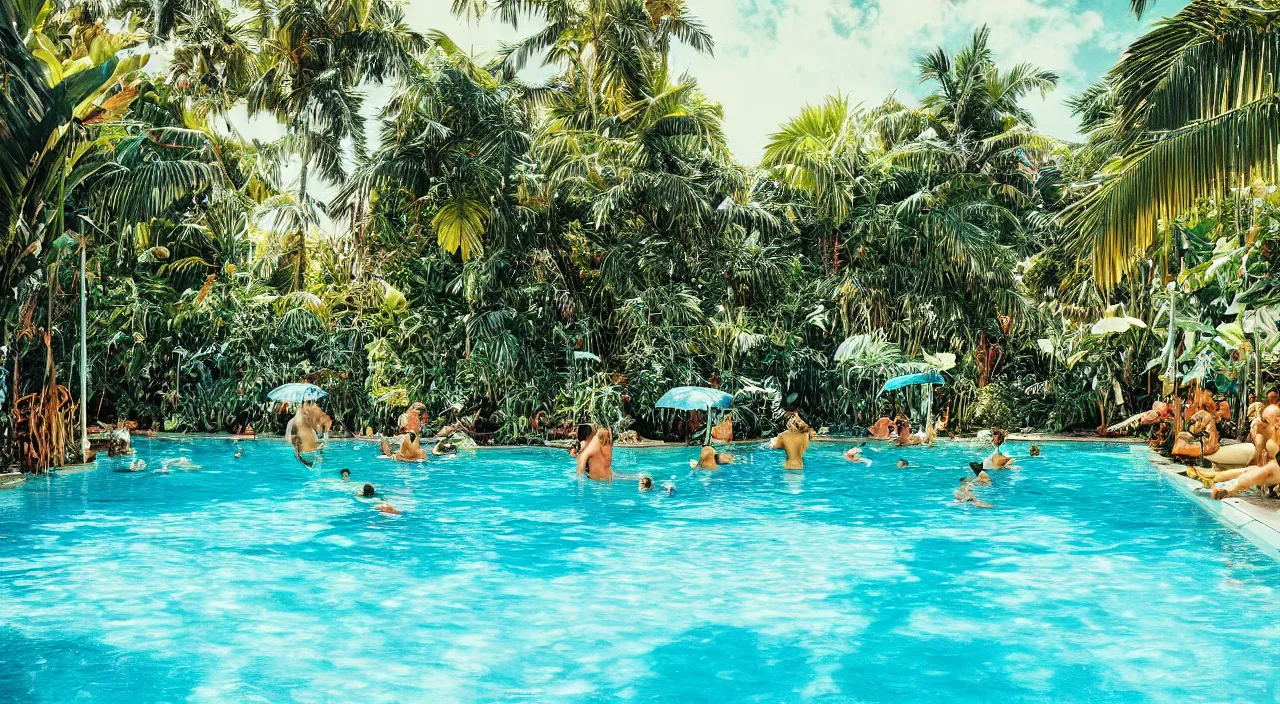 Prompt: a beautiful day at a tropical pool,colorised,photograph