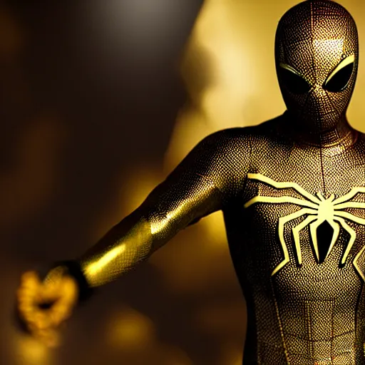 Image similar to gold spider - man suit with black web lining, cinematic, volumetric lighting, realistic, hyperdetailed, photorealistic, photograph