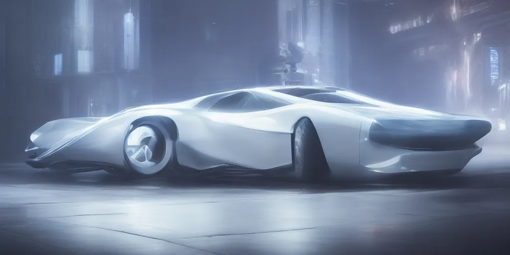 Image similar to full view of a car, painted in white holographic pearlescent, elegant, digital painting, concept art, smooth, sharp focus, art style from Wang Ke and Greg Rutkowski and Bruce Kaiser and Scott Robertson and Dmitry Mazurkevich and Doruk Erdem and Jon Sibal, small style cue from Blade Runner