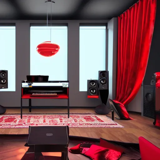 Prompt: A screenshot of a Virtual Reality music studio, living room vibe, Paris hotel style, red velvet furniture, light rays coming out of the windows, raytracing, highly detailed, futuristic, unreal engine 5, photoscanned, photorealistic,