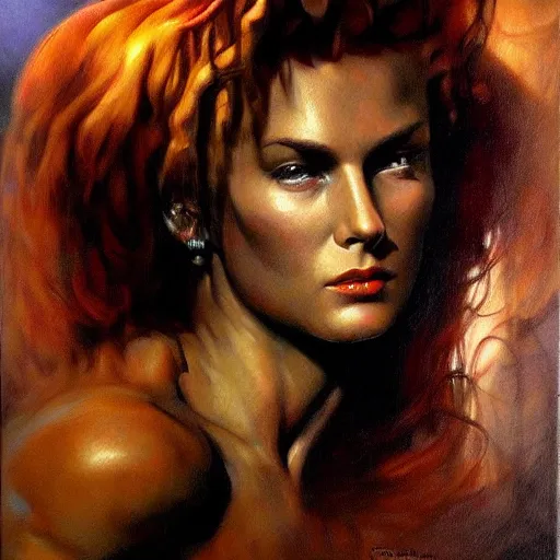 Prompt: detailed portrait of mind blown intricate, hyper detailed, realistic, oil painting, by julie bell, frank frazetta, cinematic lighting