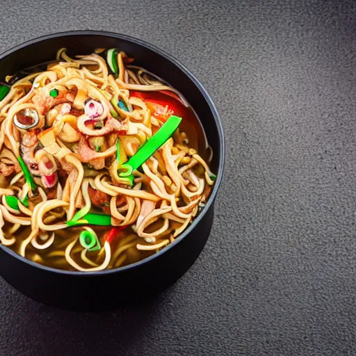 Prompt: a pot full of squid yakisoba inside a chinese restaurant, 4K photo, zoom, award winning, background blur