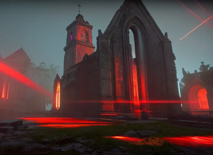 Image similar to ancient church with red shafts of light in destiny 2, foggy, liminal, dark, dystopian, beautiful architecture, abandoned, highly detailed 4 k 6 0 fps in - game destiny 2 gameplay screenshot leak