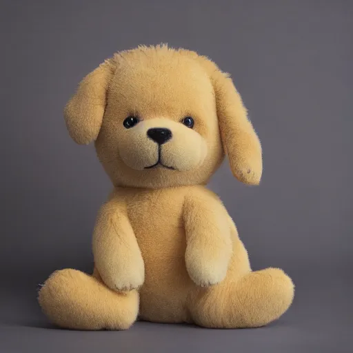 Image similar to a happy golden retriever puppyplush doll, 8 k. photorrealism. photography.