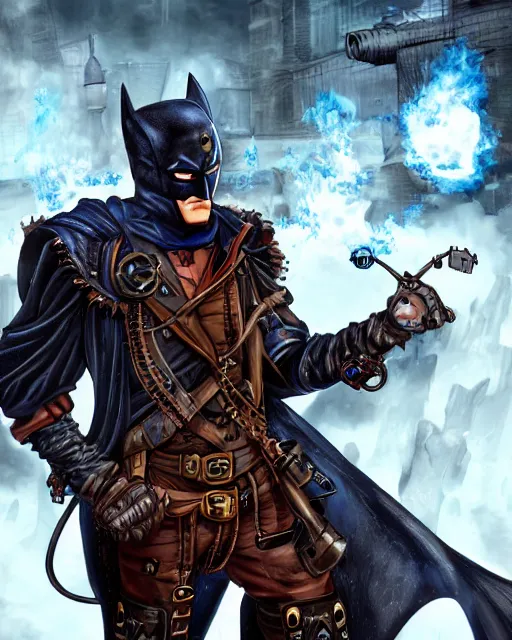 Image similar to steampunk batman with fire and ice magic coming out from his hands in a dystopian environment, full body view, highly detailed, amazing digital art, artstation, sharp focus