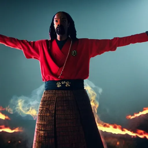 Image similar to cinematic film still of Snoop Dogg starring as a Samurai holding fire, Asian CGI, VFX, 2022, 40mm lens, shallow depth of field, film photography