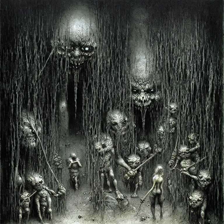 Prompt: dark underground with goblins by Beksinski, Luis Royo