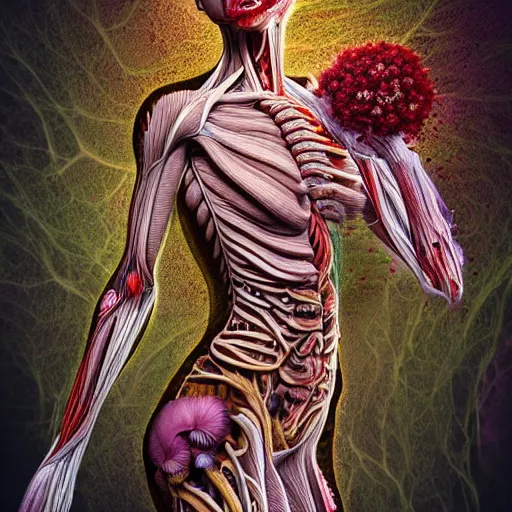 Prompt: a beautiful detailed photo of a rotten woman corpse morphing into fractal plants and fractal flowers and mushrooms, muscles, veins, anatomical, intricate, ornate, volumetric light, beautiful lit, romero ressendi