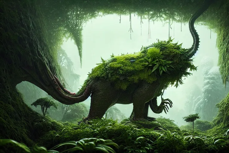 Prompt: a giant creature in a lush trunda vegetation, snow snow, spring : : by michal karcz, daniel merriam, victo ngai and guillermo del toro : : ornate, dynamic, particulate, intricate, elegant, highly detailed, centered, artstation, smooth, sharp focus, octane render, 3 d