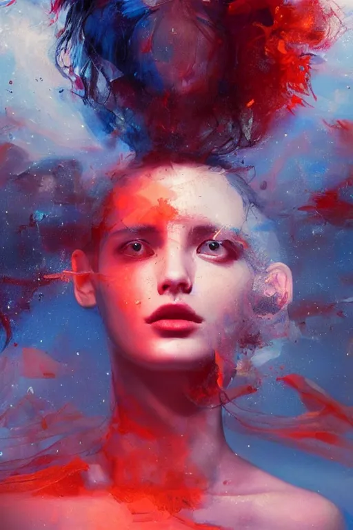 Image similar to 3 d, sci - fi, morning, sleepy fashion model face, sun, cinematic, lightning clouds, vogue cover style, light red and deep blue mood, realistic painting, intricate oil painting, high detail, figurative art, multiple exposure, poster art, 3 d, stanley kubrick, by tooth wu and wlop and beeple and greg rutkowski