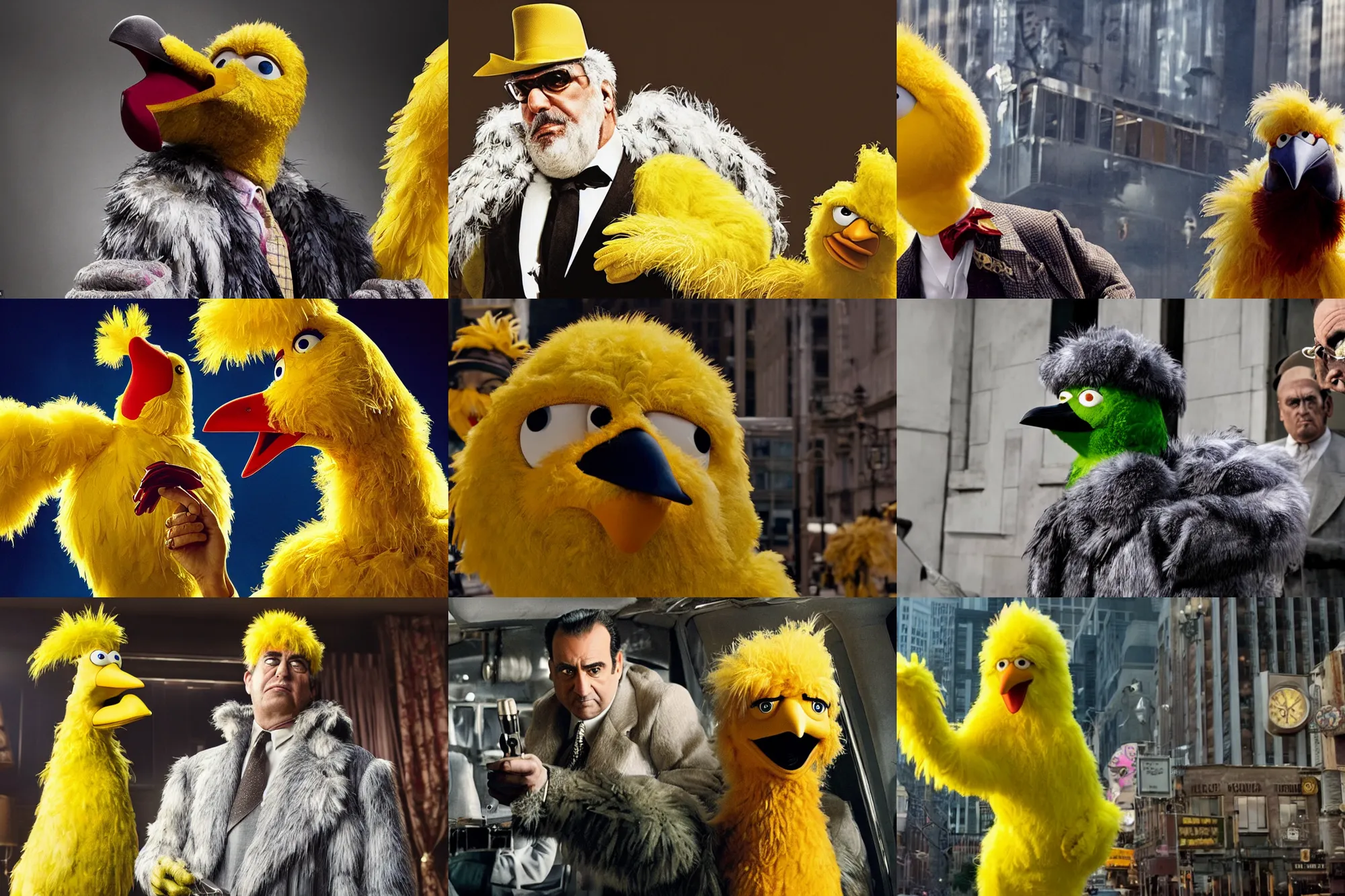 Prompt: promotional image of big bird as a mobster in the new movie directed by Francis Ford Coppola, detailed feathers/fur, movie still frame, promotional image, imax 70 mm footage