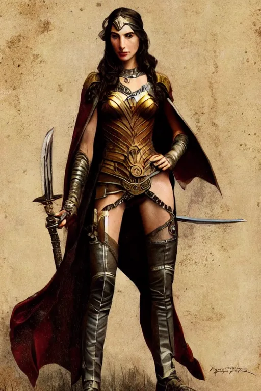 Image similar to highly detailed steampunk gal gadot standing, cape, sword : leonardo da vinci, greg rutkowski, magali villeneuve