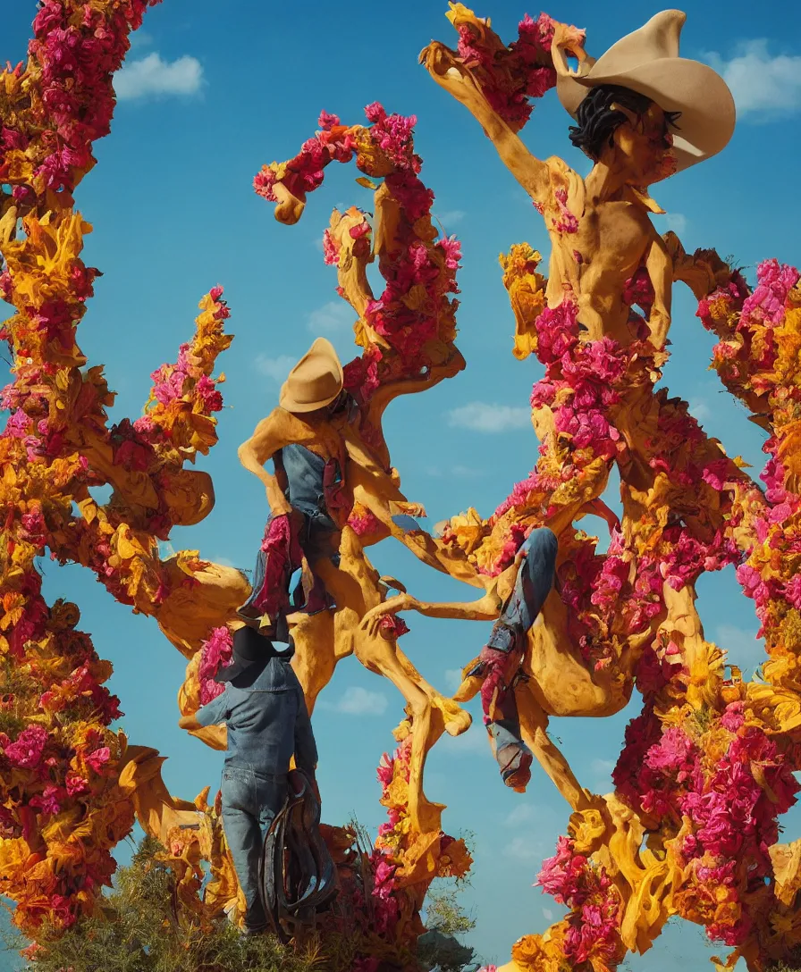 Prompt: a cowboy turning into blooms by slim aarons, by zhang kechun, by lynda benglis. tropical sea slugs, angular sharp tractor tires. complementary bold colors. warm soft volumetric dramatic light. national geographic. 8 k, rendered in octane, smooth gradients. angular sculpture by antonio canova by gian lorenzo bernini.