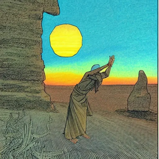 Image similar to sunset in a desert, shaman wearing a blue robe doing a ritual, energy streams, magic, drawing by moebius