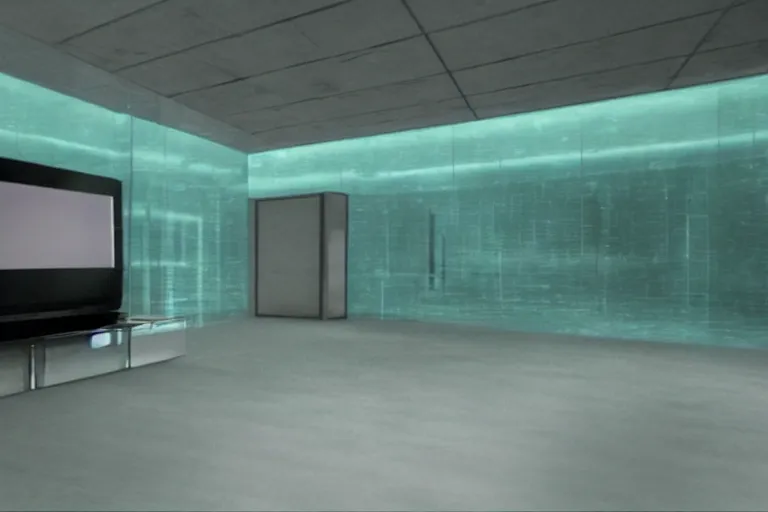 Prompt: translucent aqua casing electronic environment, ps 3 screenshot, still from a kiyoshi kurosawa movie