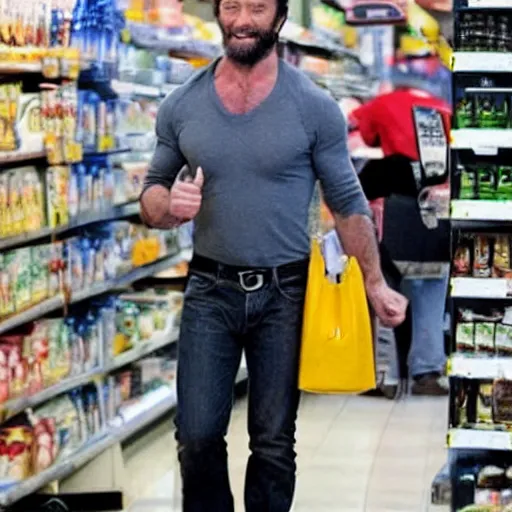 Image similar to photo of wolverine Hugh jackman in full X-men costume grocery shopping