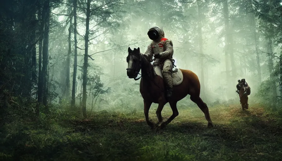 Image similar to american astronaut in the forest riding a horse, plants environment, wide angle, cinematic lighting, atmospheric, realistic, octane render, highly detailed, color graded, in the style of craig mullins