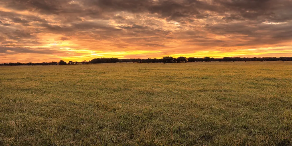 Prompt: empty grass land for miles in every direction there is a long caravan of people and wagons from the 1 8 0 0 s on the horizon puffy clouds in the sky at sunset, golden hour, rule of thirds, art, red and yellow