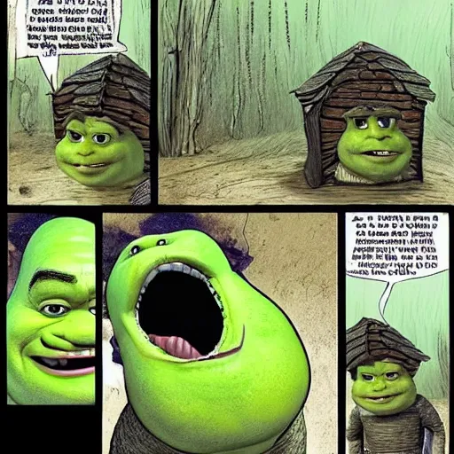 Image similar to Shrek is really angry and he's screaming. His swamp and shack house is burning down. Tears are coming out of his eyes.