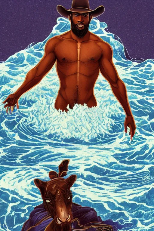 Prompt: a beautiful symmetrical tarot! card of a stout handsome black cowboy in front of a torrential flooding river, homoerotic, white water rapids, art deco!, art nouveau, by Mark Maggiori, trending on artstation