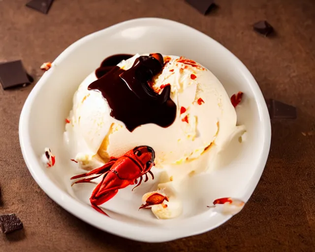 Image similar to dslr food photograph of vanilla ice cream with crawfish, some chocolate sauce, 8 5 mm f 1. 4