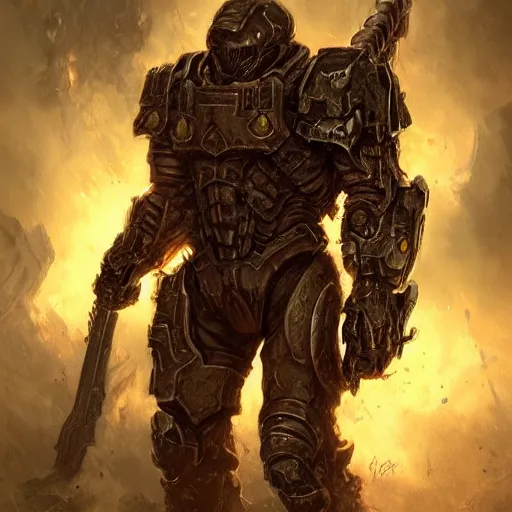 Prompt: fantasy art of doom guy, intricate, smooth detailed, marine armor, cgsociety, doom hell theme