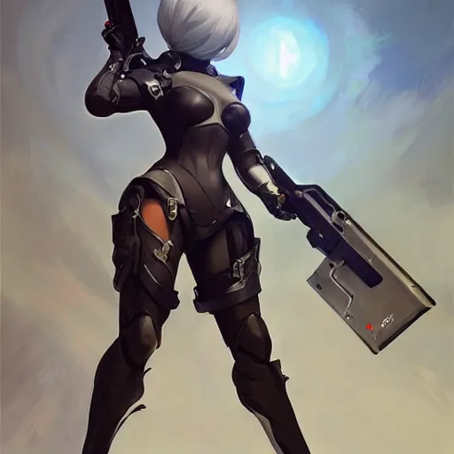 Image similar to greg manchess portrait painting of yorha type a no. 2 as overwatch character, medium shot, asymmetrical, profile picture, organic painting, sunny day, matte painting, bold shapes, hard edges, street art, trending on artstation, by huang guangjian and gil elvgren and sachin teng