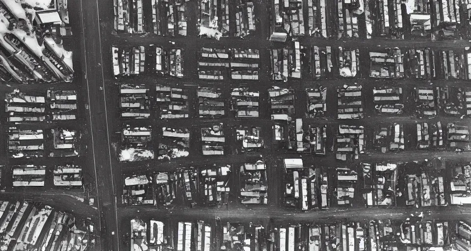 Prompt: aerial image of a street in the winter, black and white photograph by andre kertesz