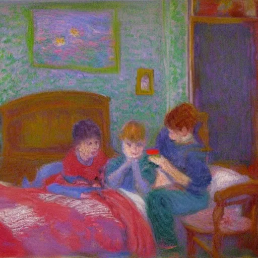 Prompt: monet painting of a 90s bedroom, kids sitting around playing nintendo, colorful,