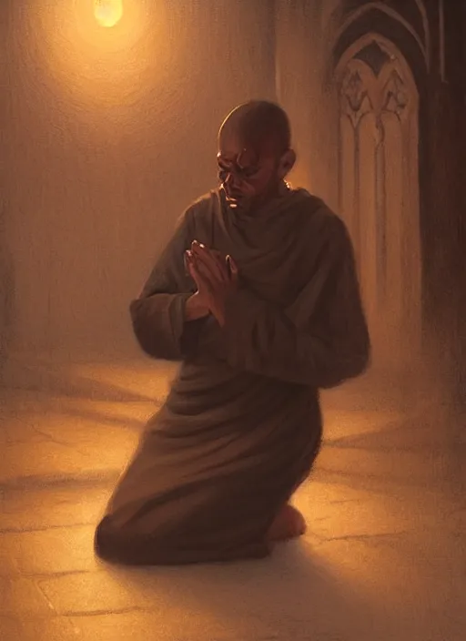 Prompt: oil painting portrait of a weeping sobbing tonsured dominican monk in a brown habit, kneeling in a moonlit empty chapel at night, hazy, digital art, artstation, cinematic, moonlight, digital art painting by greg rutkowski, hazy atmosphere, candles, cinematic blue lighting