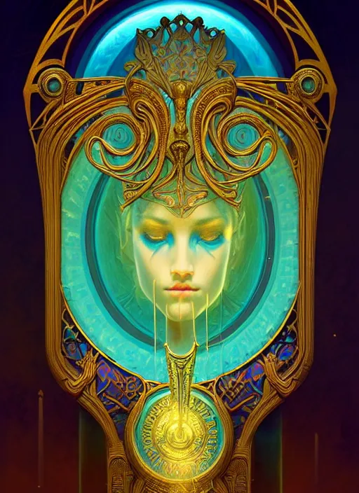 Prompt: ornate sacred sarcophagus, art nouveau hieroglyphics, cyan and gold palette, symmetry, fantasy, intricate, elegant, highly detailed, colorful, dark colors, dramatic shadow, digital painting, artstation, concept art, art by artgerm and greg rutkowski and ruan jia,