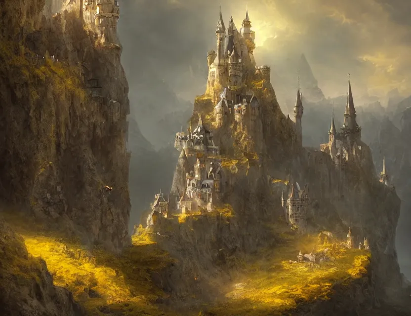 Prompt: High Fantasy solitary Castle!! Yellow roofs. Joyful matte painting by Darek Zabrocki and Emmanuel Shiu, 4k ultra detailed, great composition cinematic.