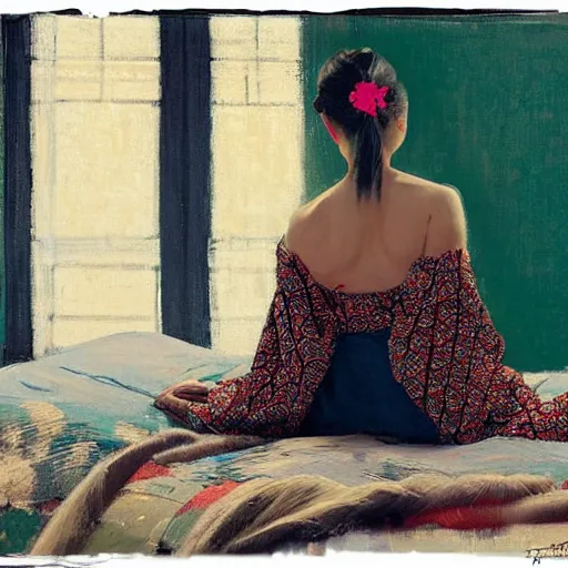 Image similar to girl with pigtails, in african print kimono, backview, bare back, sitting on edge of bed, by jeremy lipking, tim rees, joseph todorovitch