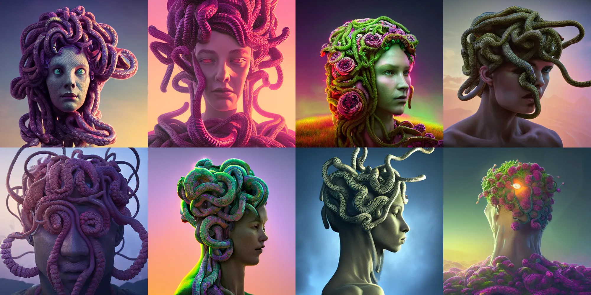 Prompt: medusa gorgon head, beautiful flowers, beautiful dark landscape, in the style of beeple and mike winkelmann, intricate, epic lighting, cinematic composition, hyper realistic, 8 k resolution, unreal engine 5, raytracing, ultraviolet colors,